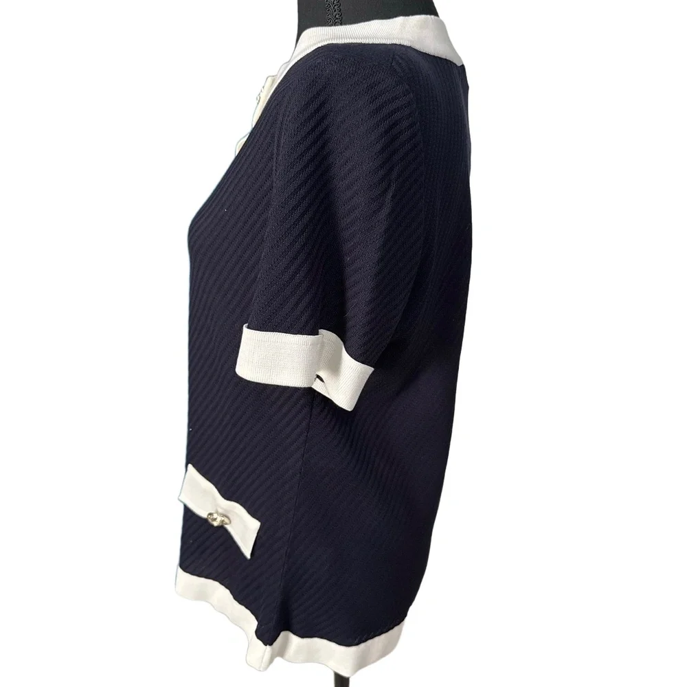 Misook NWOT Women’s Short Sleeve Cardigan in Navy|White-Size Small - Picture 6 of 10